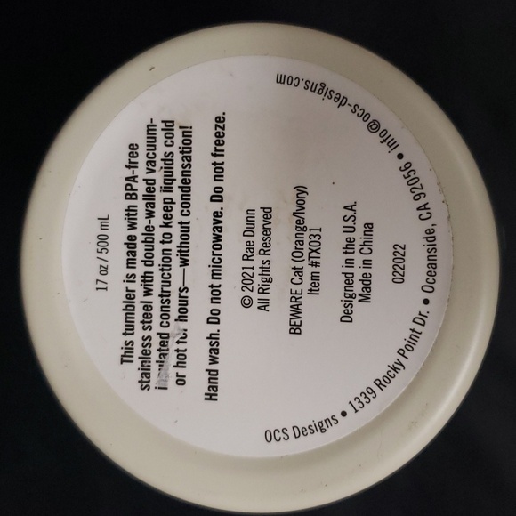 Rae Dunn NWT Insulated 17 oz Stainless Tumbler, BEWARE with Black Cat - Picture 6 of 6